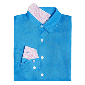 Children's plain turquoise blue linen shirt by designer Lotty B Mustique