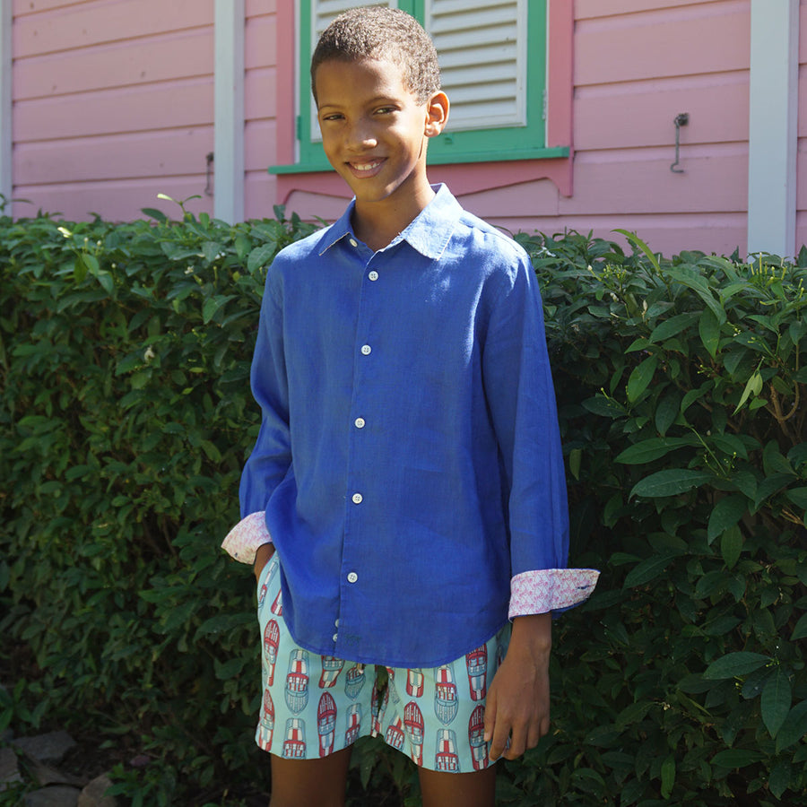 Childrens dazzling blue linen shirt by Lotty B Mustique