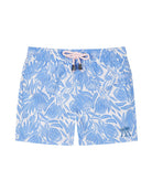 Kids swim shorts recycled fabric in floral protea blue and white print