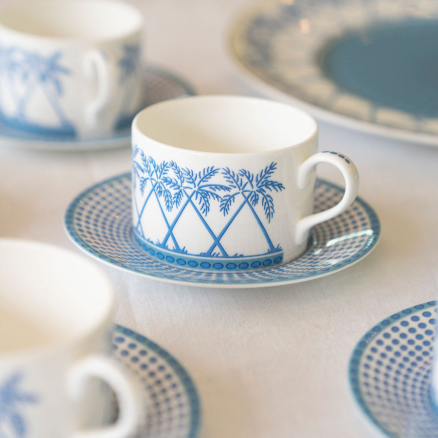Fine bone china coffee cup and saucer set for 12 place settings (24 pieces) in Palms blue design by Lotty B