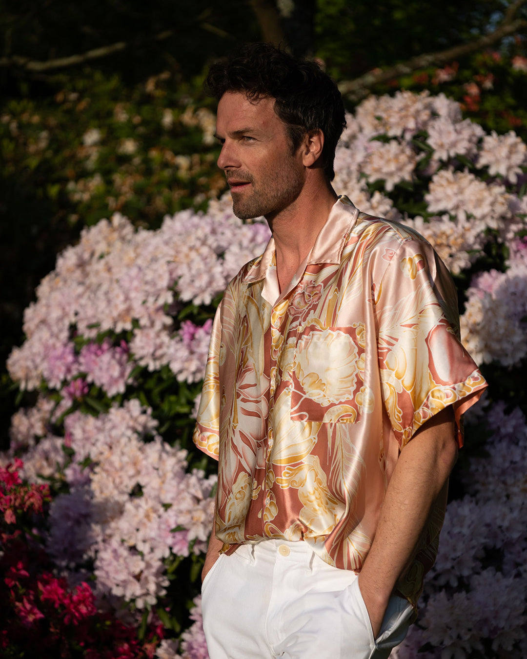 Collectors fashion, shirt created from vintage silk charmeuse scarf, pink and gold sea life print by designer Lotty B Mustique