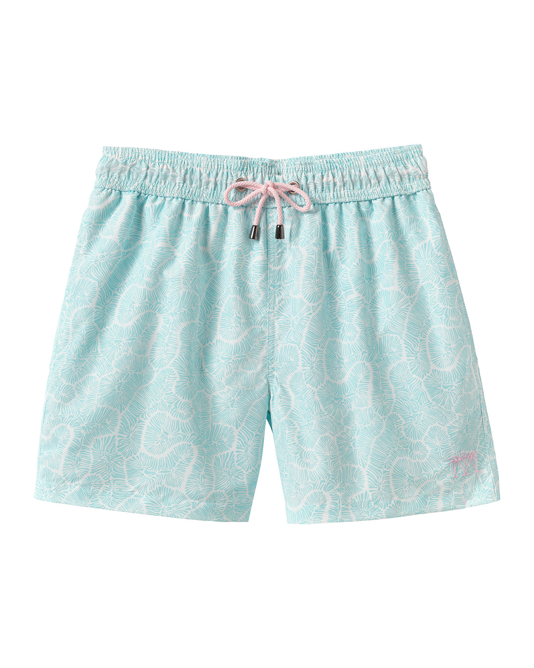 Men’s recycled swim shorts CORAL STONE print in aqua pale blue – quick-dry beachwear by Pink House Mustique.