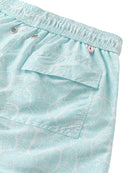 Close-up of aqua CORAL STONE swim shorts back pocket – recycled quick-dry fabric by Pink House Mustique.