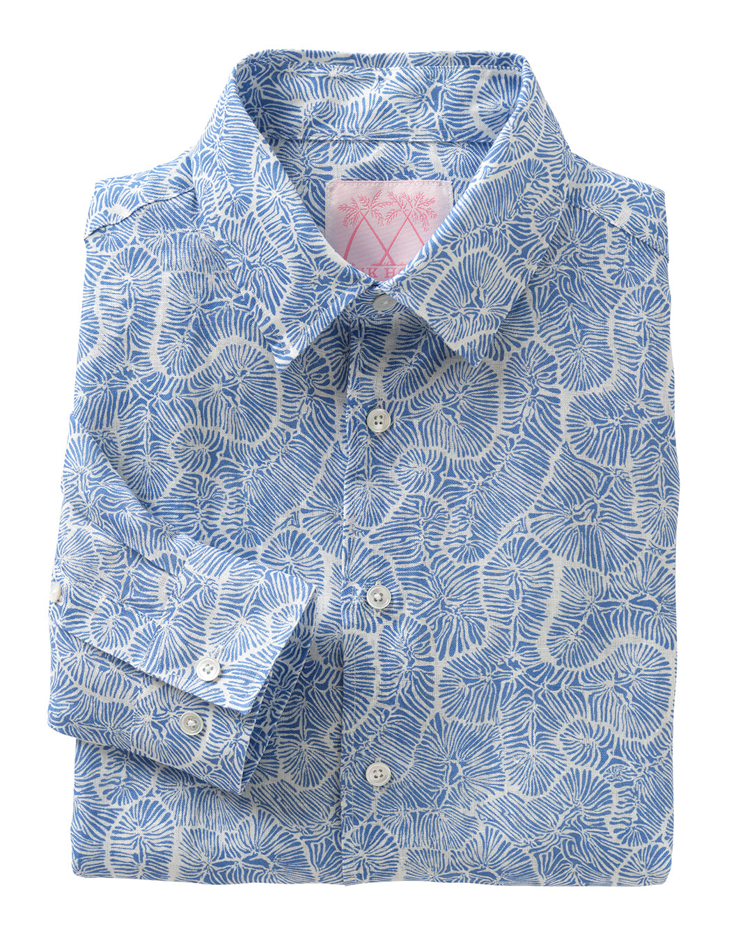 Men’s linen shirt in Coral Stone print dusk blue – breathable long sleeve button-down for tropical resort and summer style