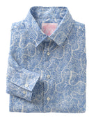 Men’s linen shirt in Coral Stone print dusk blue – breathable long sleeve button-down for tropical resort and summer style