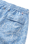 Detail of back pocket on blue CORAL STONE swim shorts – sustainable recycled swimwear by Pink House Mustique.