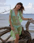 Cosima kaftan Sand Dollar green silk chiffon short sheer bikini cover up lightweight luxury beachwear