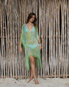Cosima kaftan Sand Dollar green silk chiffon short tropical resortwear cover up worn over swimwear