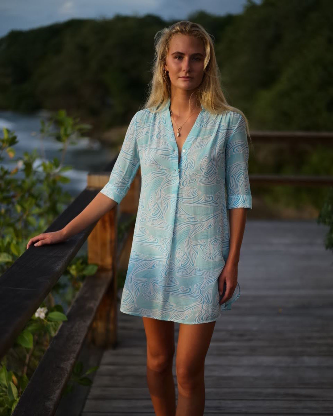 Decima turquoise Whale print silk dress styled for island resortwear on Mustique