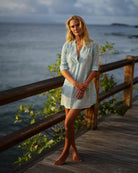 Turquoise Whale print Decima silk dress by Lotty B, photographed on Mustique