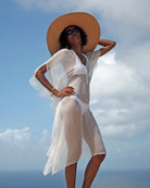 Beautiful mid length vacation cover up in pure chiffon silk, classic white kaftan by designer Lotty B
