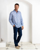 Designer men’s Coral Stone Blue linen shirt styled with Eclipse navy trousers, Pink House Mustique.