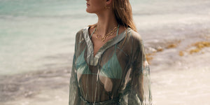 Shop exquisite feather light chiffon silk kaftans in Lotty B's Egret print