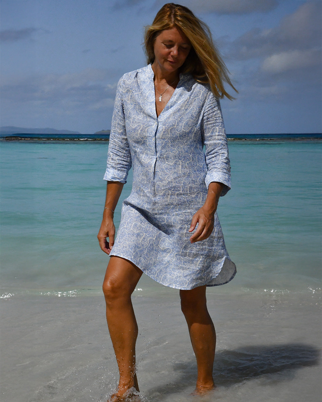 Designer women’s linen Decima dress in Coral Stone Blue print by Pink House Mustique.