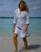 Designer women’s linen Decima dress in Coral Stone Blue print by Pink House Mustique.