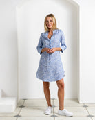Designer women’s linen Decima dress in Coral Stone Blue print by Pink House Mustique, Resort 2026 collection.