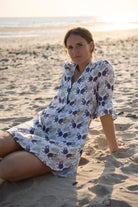 Chic linen vacation dress with frilled cuffs in green and navy Monkey print, the Decima dress by Pink House