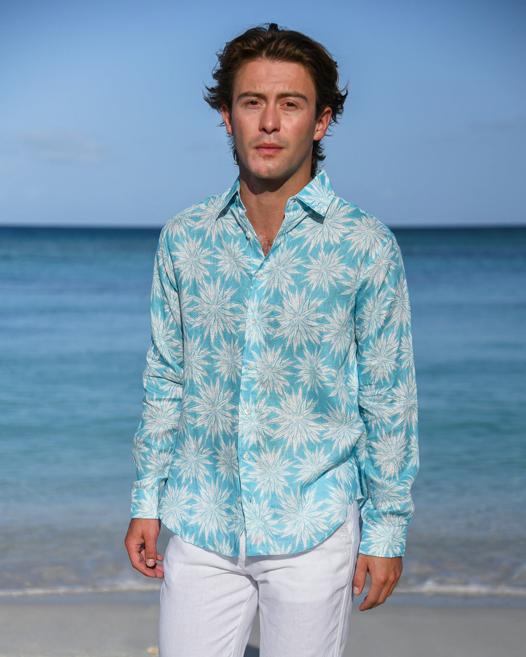 Front view men’s Agave turquoise blue linen shirt, Resort 2026 by Pink House Mustique.