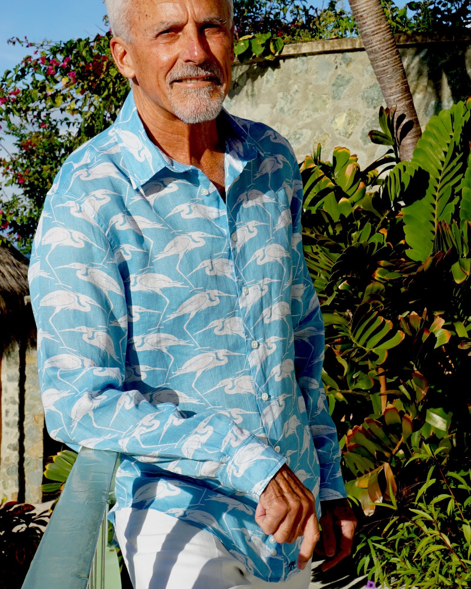 Mens Linen Holiday Shirt Turquoise Blue Egret print by designer Lotty B Mustique