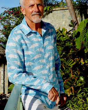 Mens Linen Holiday Shirt Turquoise Blue Egret print by designer Lotty B Mustique