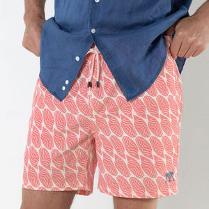 Men's designer swim shorts in coral pink Striped Shell print by designer Lotty B