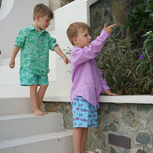 Boys holiday styles in sustainable turquoise blue swim shorts with Egret bird print
