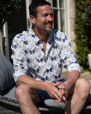 Mens Linen Shirt: MONKEY and PALMS - PLUM/GREEN