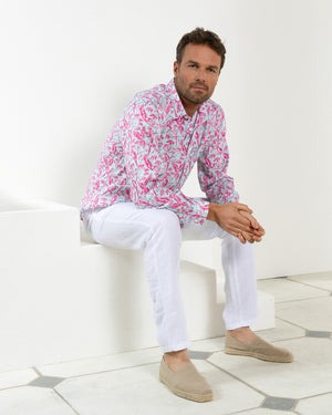 Designer men's linen shirt in coral and turquoise Parrot print designer Lotty B Mustique