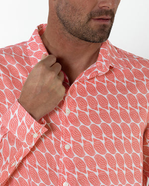 Men's designer linen shirt in pink Striped Shell linen by Lotty B Mustique