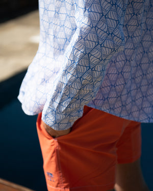 Men's premium linen shirt in Shelltop blue print by designer Lotty B