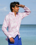 Front view men’s Agave pink linen shirt, Resort 2026 island print by Pink House Mustique