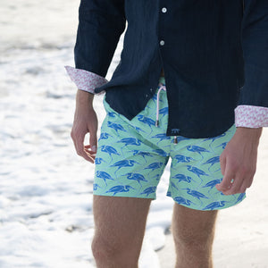 Sustainable Mens beach wear for vacation in green & blue Egret bird print