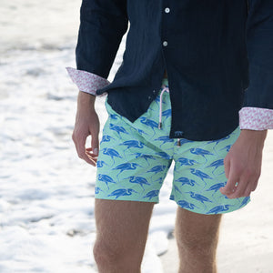 Sustainable Mens beach wear for vacation in green & blue Egret bird print