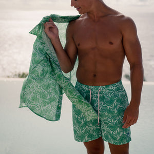 Recycled fabric mens swim shorts in green and blue floral protea print