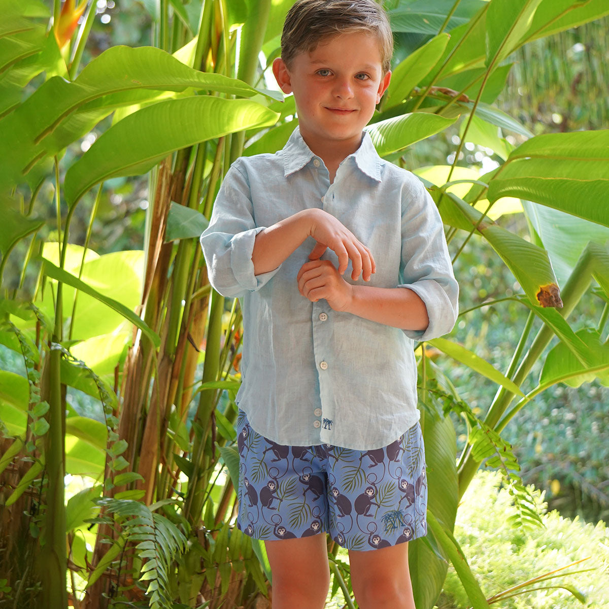 Boys swim shorts MONKEY and PALMS PLUM