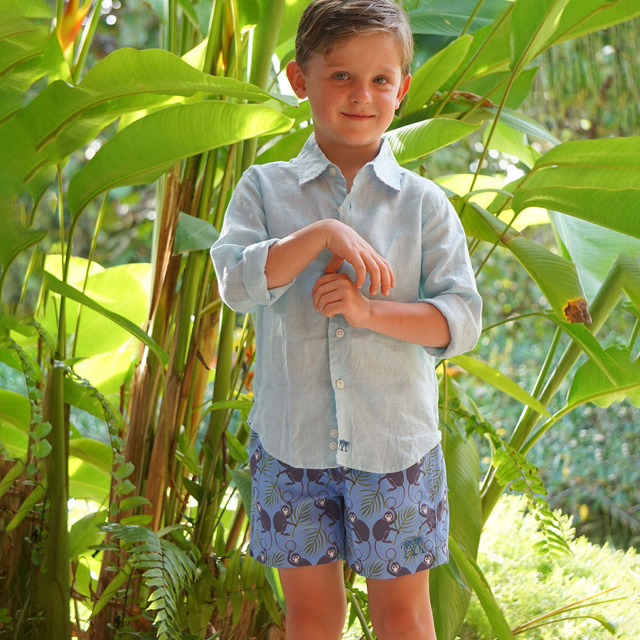 Boys swim shorts: MONKEY and PALMS - PLUM