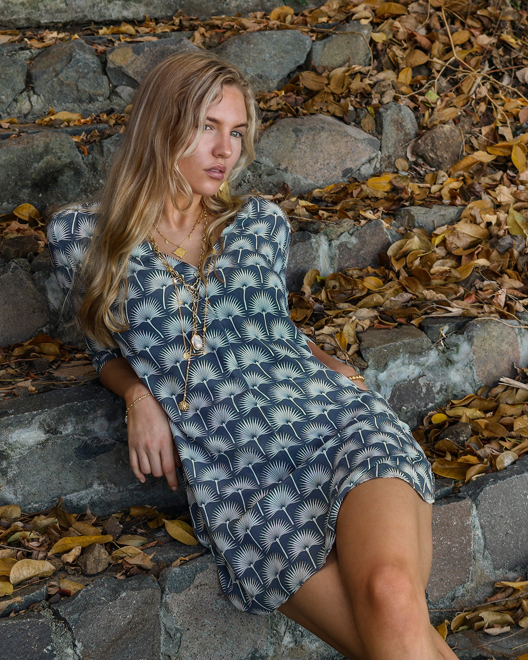 Designer silk Decima dress by Lotty B in black and white single Palm print, Mustique island
