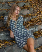 Designer silk Decima dress by Lotty B in black and white single Palm print, Mustique island