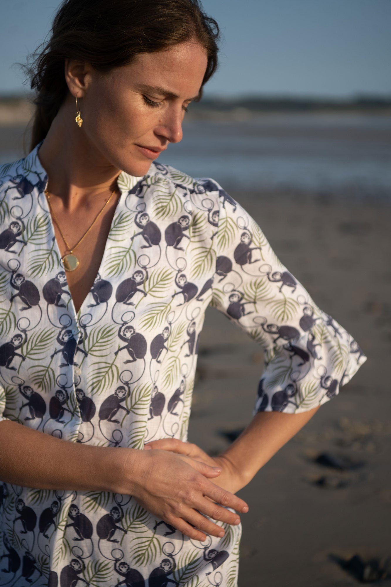 Women's linen Decima dress with frilled cuffs in green and navy Monkey print by Pink House