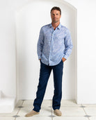 Men’s Coral Stone Blue linen shirt with Eclipse navy trousers from Pink House Mustique Resort 26.