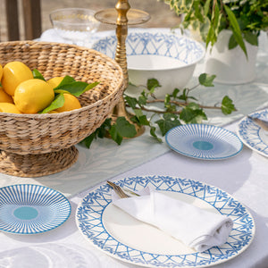 Stylish dinnerware set of fine bone china plates and bowls in Palms blue design made in England