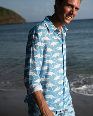 Holiday Shirt Turquoise Blue Egret print Black Sand Bay, Mustique