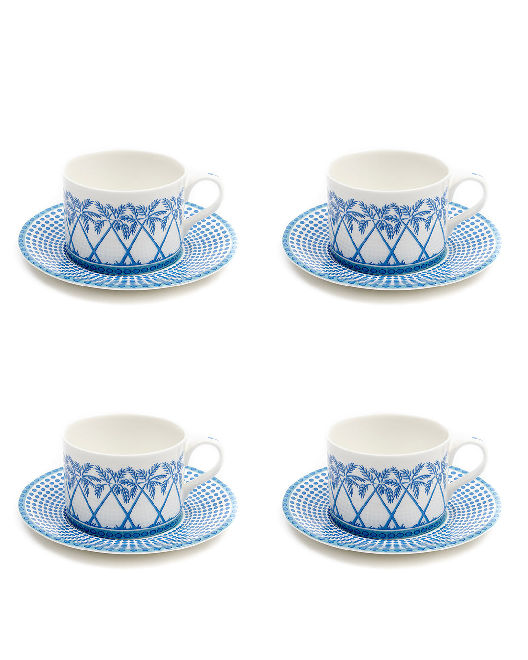 Set of 4 fine bone china cups and saucers in Palms Azure Blue design by Lotty B for Pink House Mustique.