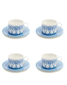 Set of 4 fine bone china cups and saucers in Palms Azure Blue design by Lotty B for Pink House Mustique.