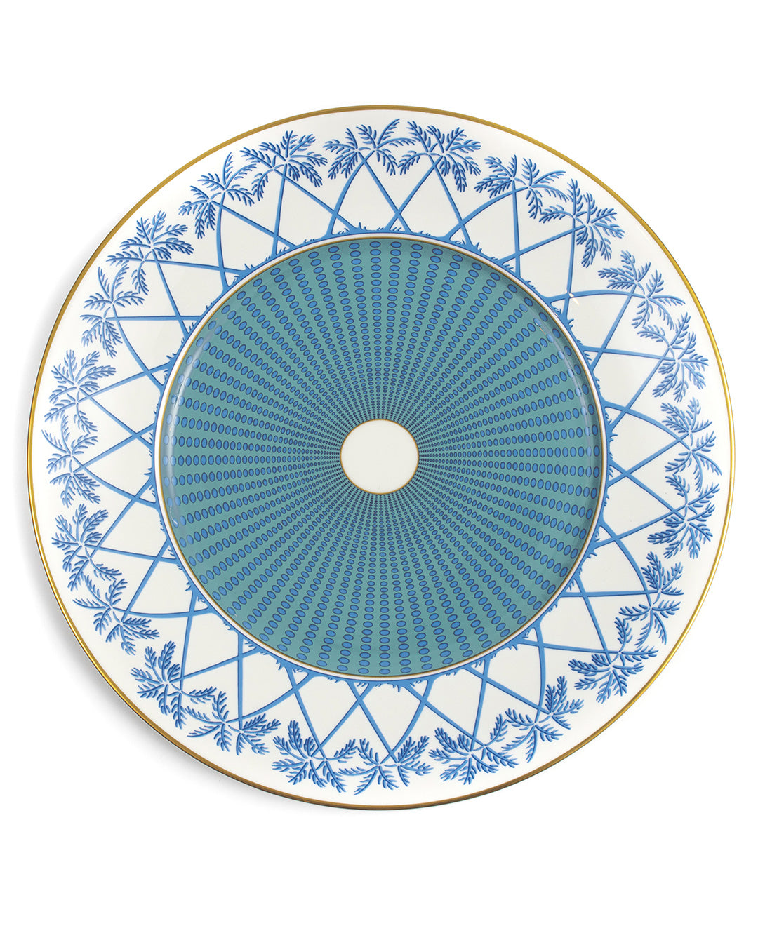 Designer fine bone china charger plate with Palms Azure blue pattern and gold rim, luxury island-inspired tableware by Lotty B