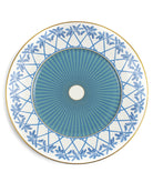 Designer fine bone china charger plate with Palms Azure blue pattern and gold rim, luxury island-inspired tableware by Lotty B