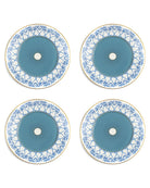 Set of 4 luxury fine bone china charger plates with gold rim in Palms Azure blue by Pink House Mustique, elegant Caribbean-inspired tableware.