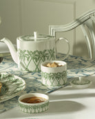 Fine bone china covered sugar pot with lid in Palms Sage Green design, elegant handmade tableware from Pink House Mustique