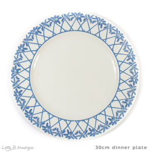 Set includes 12 x 30cm dinner plates in Palms blue
