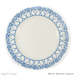 Set includes 6 x 30cm dinner plates in Palms blue